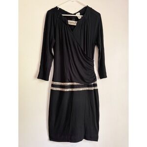 Cache Black Y2K Studded Wrap Ruched Long Sleeve Midi Dress Womens Large RN 74578